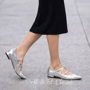 Sam Edelman Cass Metallic Silver 3-Strap Pointed Toe Flats 9 M New With Box